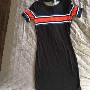 Red blue and white striped black tight dress